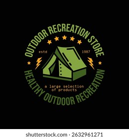 Original vector emblem of goods for outdoor recreation. Hand drawn, not AI