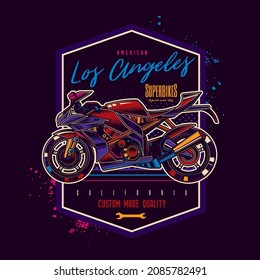 Emblema vectorial original al estilo neón. La motocicleta más rápida. Superbicicleta.
