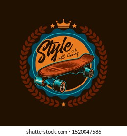 Original vector emblem in retro style, vintage skateboard.