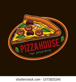 Original vector emblem in retro style. Pizza with olives, salami, mushrooms and herbs.