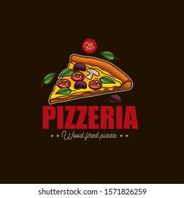 Original vector emblem in retro style. Pizza with olives, salami, mushrooms and herbs.