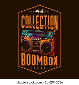 Original vector emblem in retro style. Boombox. Retro portable stereo radio cassette player.