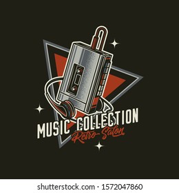 Original vector emblem in retro style. Old cassette player with retro style headphones