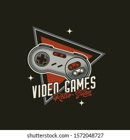 Original vector emblem in retro style. Retro gamepad from 8-bit consoles. 