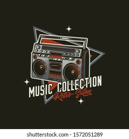 Original vector emblem in retro style. Boombox. Retro portable stereo radio cassette player.