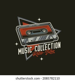 Original vector emblem in retro style. Vintage music cassette with magnetic tape.