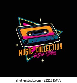 Emblema vectorial original en estilo retro. Cinta de música antigua con cinta magnética.