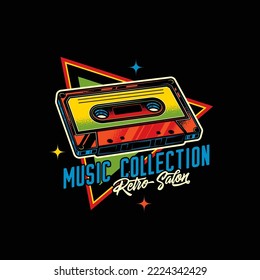 Original vector emblem in retro style. Vintage music cassette with magnetic tape.