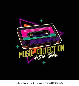 Emblema vectorial original en estilo retro. Cinta de música antigua con cinta magnética.