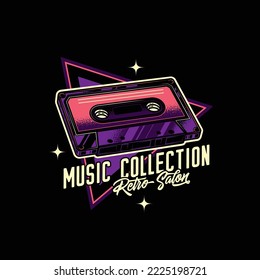 Emblema vectorial original en estilo retro. Cinta de música antigua con cinta magnética.