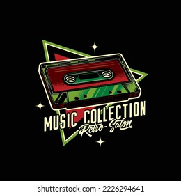 Emblema vectorial original en estilo retro. Cinta de música antigua con cinta magnética.