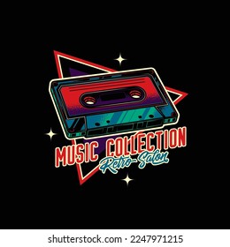 Original vector emblem in retro style. Vintage music cassette with magnetic tape.