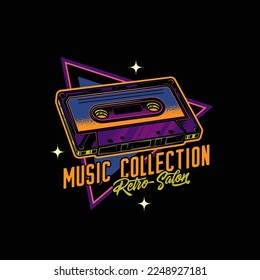 Original vector emblem in retro style  Vintage music cassette and magnetic tape 