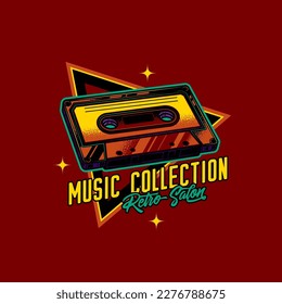 Emblema vectorial original en estilo retro. Cinta de música antigua con cinta magnética.
