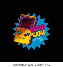Original vector emblem in retro style. Portable game console. T-shirt design, design element.