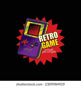 Original vector emblem in retro style. Portable game console. T-shirt design, design element.