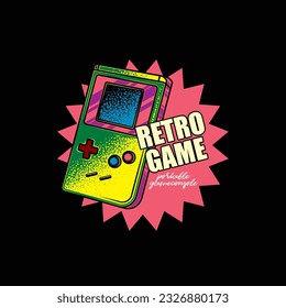 Original vector emblem in retro style. Portable game console. T-shirt design, design element.