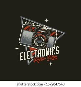 Original vector emblem vintage photo camera, with text composition in retro style.