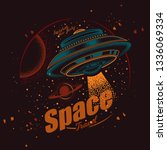 Original vector emblem in vintage style. Flying saucer in space on the background of planets
