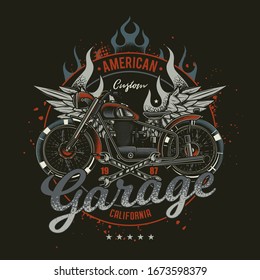 Original vector emblem in vintage style. American custom motorcycle, with wings and fire on the background.