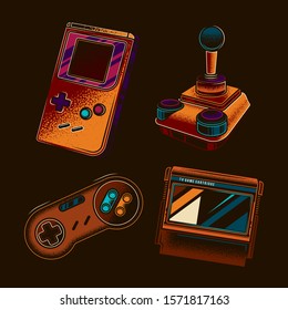 Original vector game set in retro style. Joystick, cartridge, gamepad, portable game console.