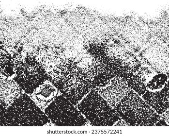 Original vector grunge texture of paving slabs covered with snow with traces of kitten paws. Abstract, aged, pixelated. Unique template for texture overlay, grunge stencil. Splash of mud

