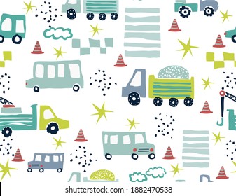 Original vector hand drawn cars are driving along the city road. Seamless pattern for boys. Childrens illustration