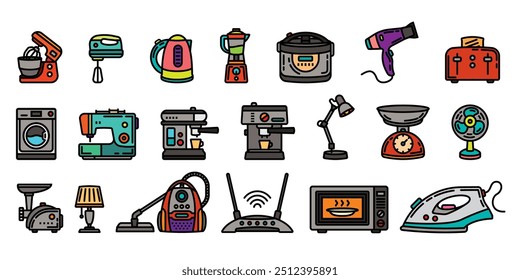 Original vector icon set on the topic of household appliances. Hand drawn, not AI