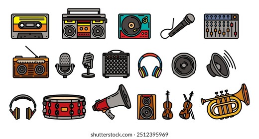 Original vector icon set on the theme of musical equipment and instruments. Hand drawn, not AI