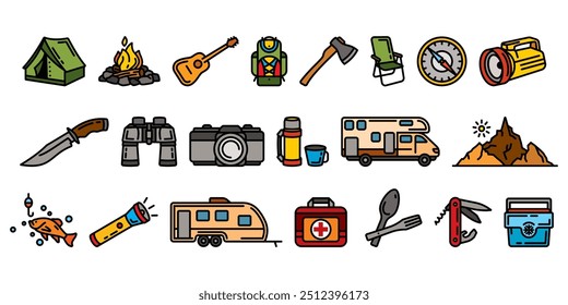 Original vector icon set. Travel and outdoor recreation. Hand drawn, not AI