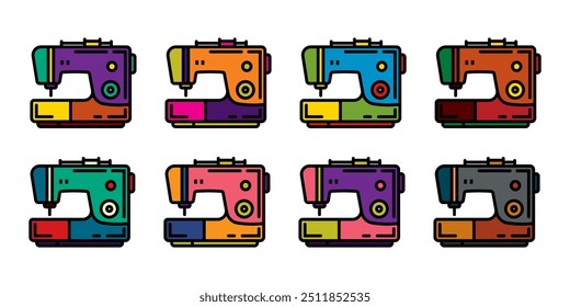 Original vector icon set in vintage style. Electric sewing machine. Hand drawn, not AI