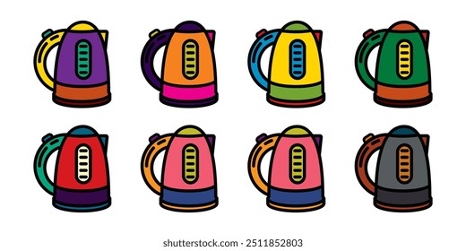 Original vector icon set in vintage style. Household appliances for making tea. Kitchen electric kettle. Hand drawn, not AI