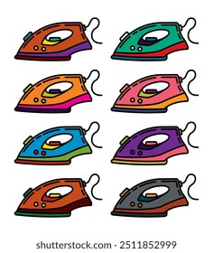 Original vector icon set in vintage style. An element of household appliances for smoothing out folds and wrinkles on clothes. Electric iron. Hand drawn, not AI