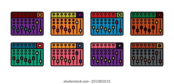 Original vector icon set in vintage style. Music mixer console. Hand drawn, not AI