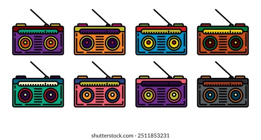 Ícone de vetor original definido no estilo vintage. Receptor de rádio retro. Desenhado à mão, não com IA