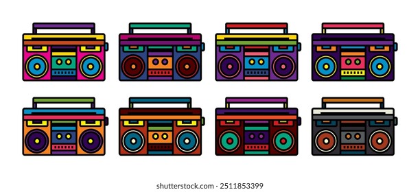 Ícone de vetor original definido no estilo vintage. Gravador de fita estéreo portátil. Boombox. Desenhado à mão, não com IA