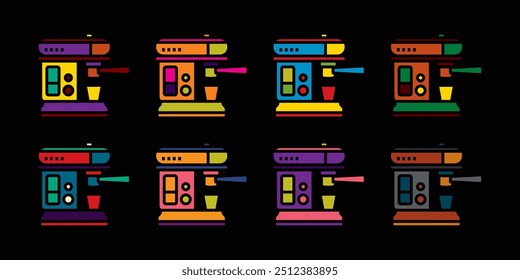 Original vector icon set in vintage style. Coffee making machine. Hand drawn, not AI