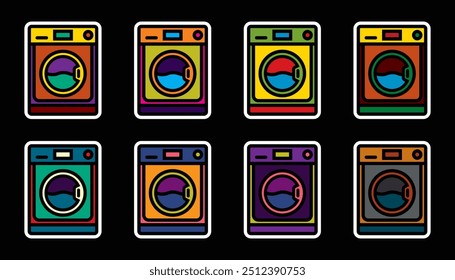 Original vector icon set in vintage style. Electrical appliance, washing machine. Hand drawn, not AI
