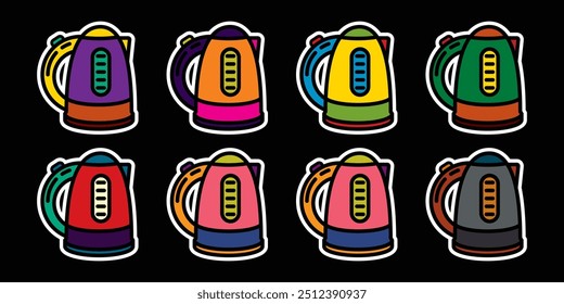 Original vector icon set in vintage style. Household appliances for making tea. Kitchen electric kettle. Hand drawn, not AI