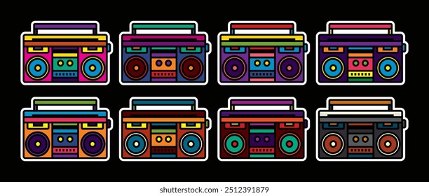 Ícone de vetor original definido no estilo vintage. Gravador de fita estéreo portátil. Boombox. Desenhado à mão, não com IA