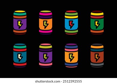 Original vector icon set in vintage style. Energy drink in an aluminum can. Hand drawn, not AI