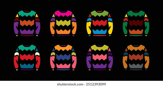 Original vector icon set in vintage style. Warm knitted sweater with a pattern. Hand drawn, not AI