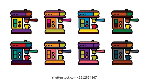 Original vector icon set in vintage style. Coffee making machine. Hand drawn, not AI