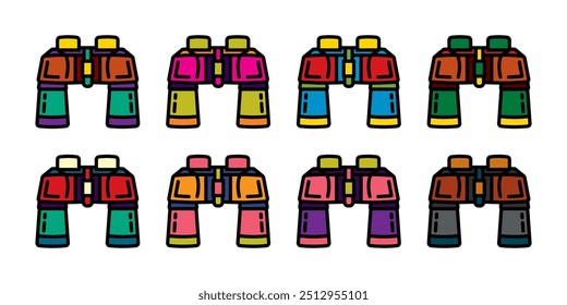 Original vector icon set in vintage style. Field binoculars for hiking. Hand drawn, not AI
