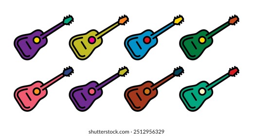 Original vector icon set in vintage style. Acoustic guitar. Hand drawn, not AI
