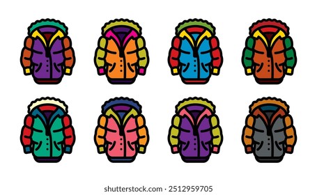 Original vector icon set in vintage style. Warm puffy winter jacket with hood. Hand drawn, not AI
