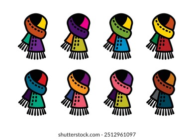 Original vector icon set in vintage style. Warm knitted scarf. Hand drawn, not AI