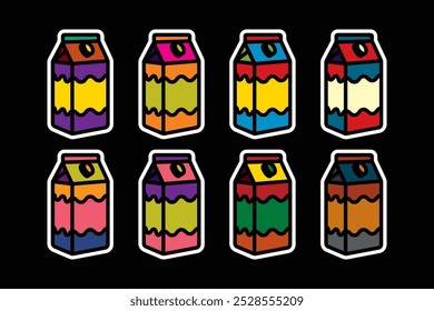 Original vector icon set in vintage style. Milk in a paper box. Hand drawn, not AI