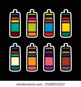 Original vector icon set in vintage style. Sports bottle with water. Hand drawn, not AI