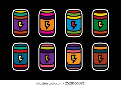Original vector icon set in vintage style. Energy drink in an aluminum can. Hand drawn, not AI